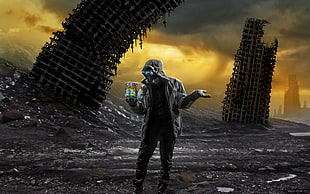 gray full-zip hoodie, Romantically Apocalyptic , digital art, apocalyptic, gas masks HD wallpaper
