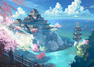 brown temple near body of water illustration