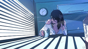 female anime character wearing white long-sleeved top, artwork, women, coffee, morning