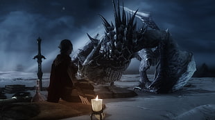 man sitting behind sword front of dragon illustration, The Elder Scrolls V: Skyrim, dragon