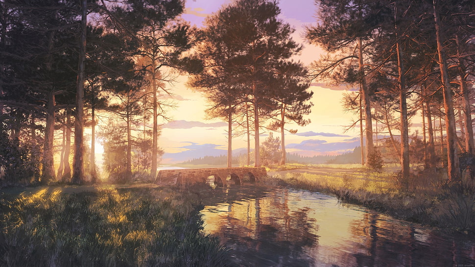 foot bridge surrounded with trees painting, forest, trees, river, bridge HD wallpaper