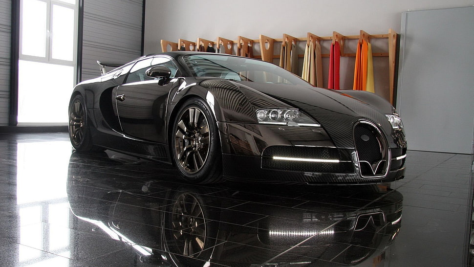 black Bugatti sports car, Bugatti Veyron, car HD wallpaper