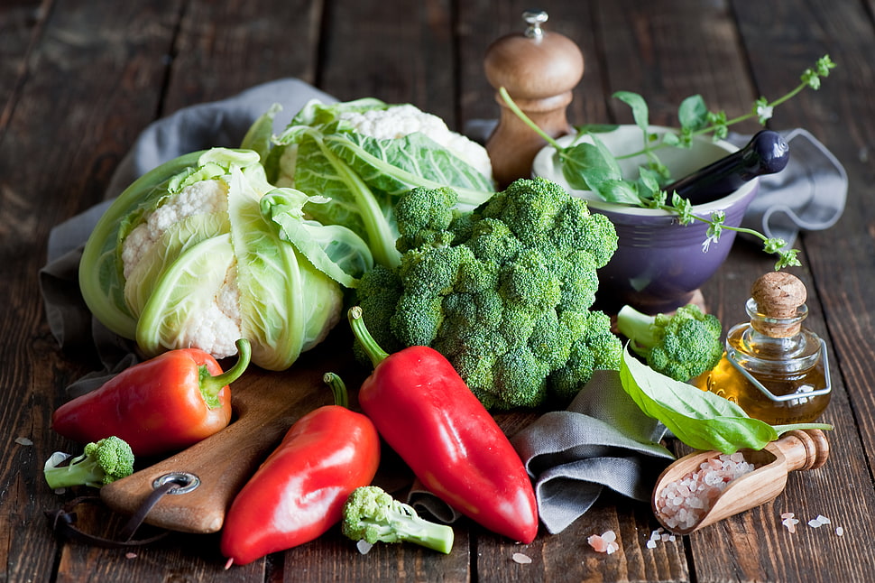 assorted vegetables on brown wooden surface HD wallpaper