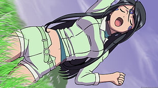 lady anime character wearing green long-sleeved shirt and shorts standing on grassy field