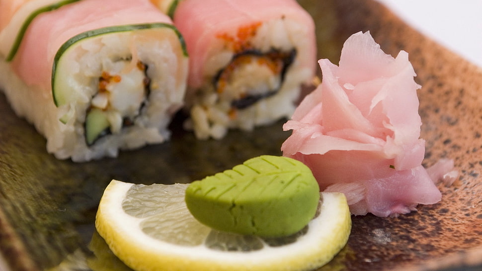 sliced sushi with lemon HD wallpaper