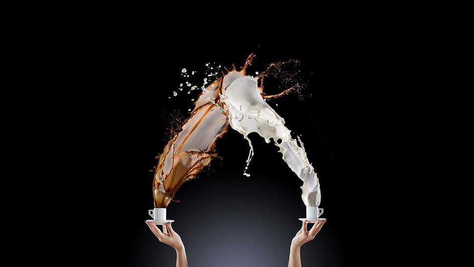 two white ceramic cups, coffee, latte, splashes HD wallpaper