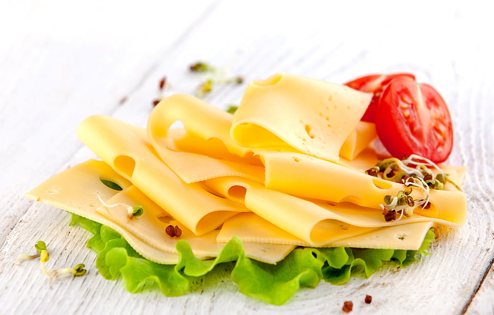 sliced cheese and tomatoes above green vegetable HD wallpaper