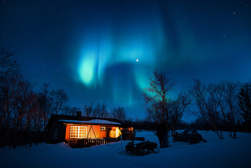 Brown Cottage Under Aurora HD wallpaper
