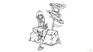female sitting near signage sketch, original characters, traffic signs, sketches
