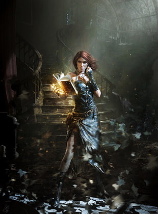 brown haired female character with books, witch, video games, Triss Merigold, The Witcher