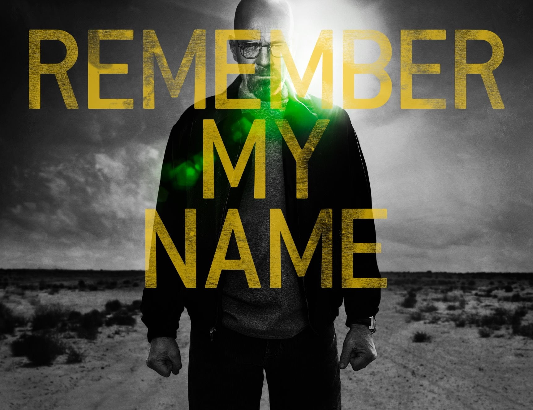 Breaking Bad with remember my name text overlay, Breaking Bad, Walter White, typography, lens flare