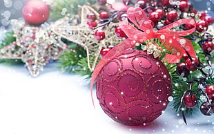red ornament, Christmas, New Year, Christmas ornaments , berries HD wallpaper