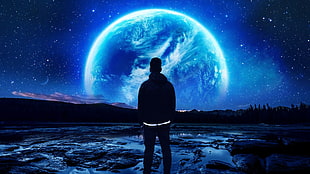 man standing facing the field during night, space, planet, night