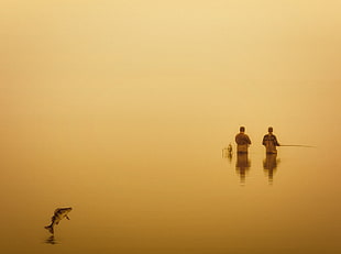two man fishing during cloudy weather HD wallpaper