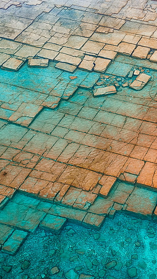 brown concrete brick pavement, Canada, water, rocks, pattern