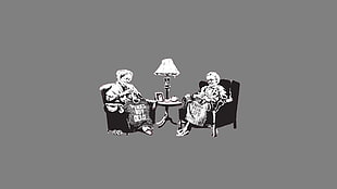 two grannies sitting on chairs sketch, punk, minimalism