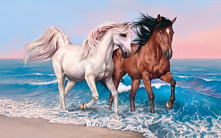 two white and brown running horses