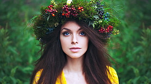 woman in yellow top with wreath headdress HD wallpaper
