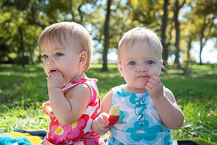 close-up photo of two babies wearing floral-print shirt at the grass, apples