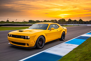 yellow Dodge Challenger on road at golden hour
