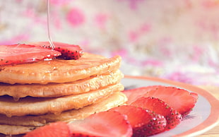 pancake with strawberry slice with glaze of honey, food, pancakes, sweets, strawberries