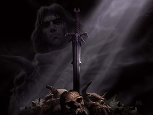 silver long sword, sword, Revenant, fantasy art, skull