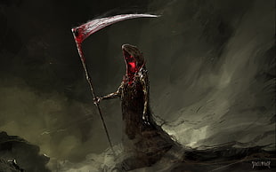 monster holding scythe illustration HD wallpaper