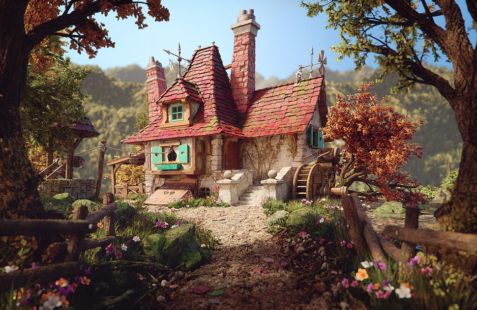 beige and red house illustration, digital art, garden, farm, house HD wallpaper
