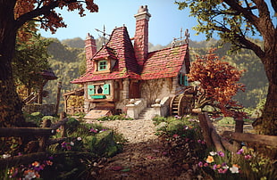 beige and red house illustration, digital art, garden, farm, house