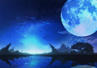 full moon and lake digital wallpaper, Moon, sky, stars, night