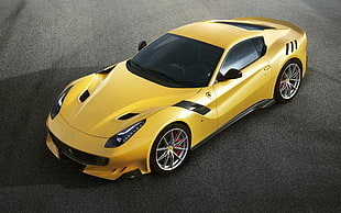 yellow and black coupe die-cast model, Ferrari F12 TDF, car