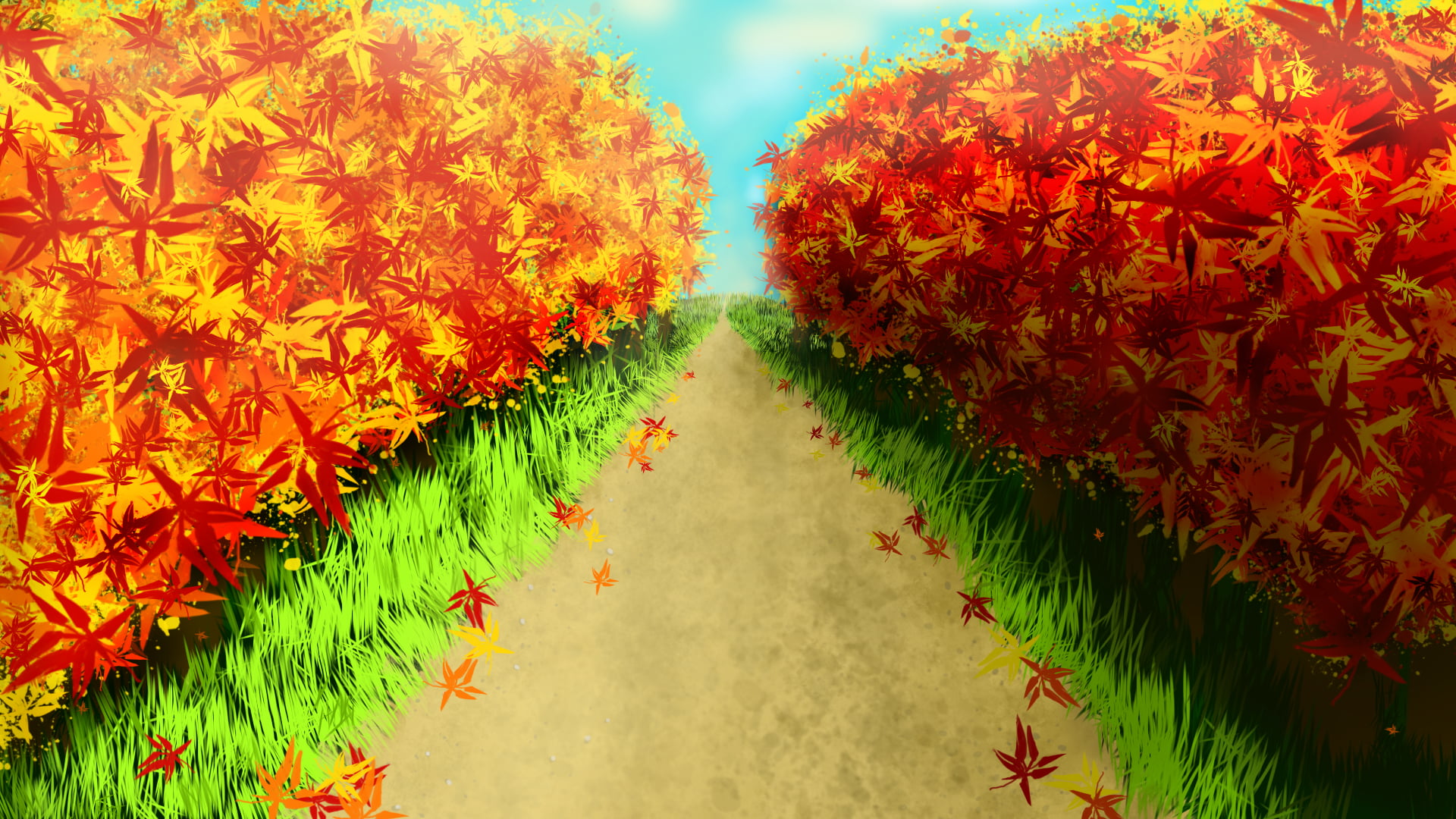 dirt road between plants painting, forest, fall, bright, Sunny