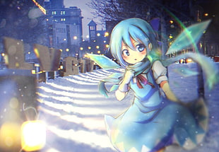 fairy anime character digital wallpaper, Cirno, Touhou, gloves, snow