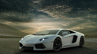 white Lamborghini Gallardo, Lamborghini, Lamborghini Aventador, white, clouds HD wallpaper