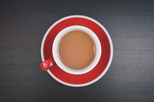 white and red cup with saucer, tea, cup, simple background HD wallpaper