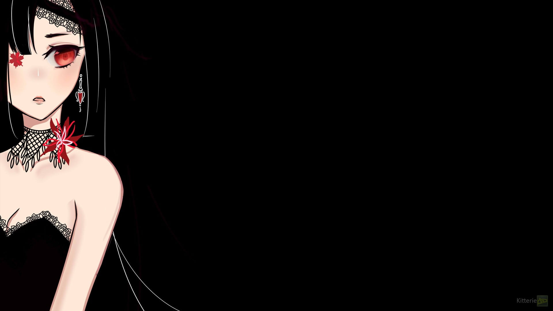 female cartoon character wallpaper, original characters, black hair, red eyes, flowers