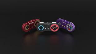 three assorted-colored Nintendo Switch controller, video games, consoles, Super Nintendo, Nintendo Switch