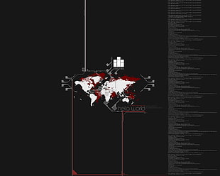 red, white, and gray logo, map
