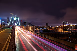 gray concrete bridge, New York City, Brooklyn, night, long exposure HD wallpaper