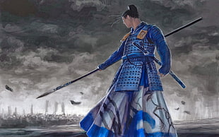 Samurai holding spear weapon wallpaper, spear, samurai, battle, gray