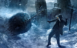 man in black winter coat standing near monster digital wallpaper