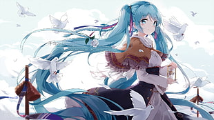 blue haired female anime character illustration, Hatsune Miku, birds, anime