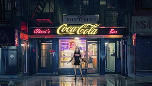 brown haired female anime character, Coca-Cola, night, anime, anime girls