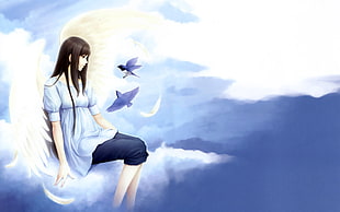 black haired female anime character sitting on clouds illustration