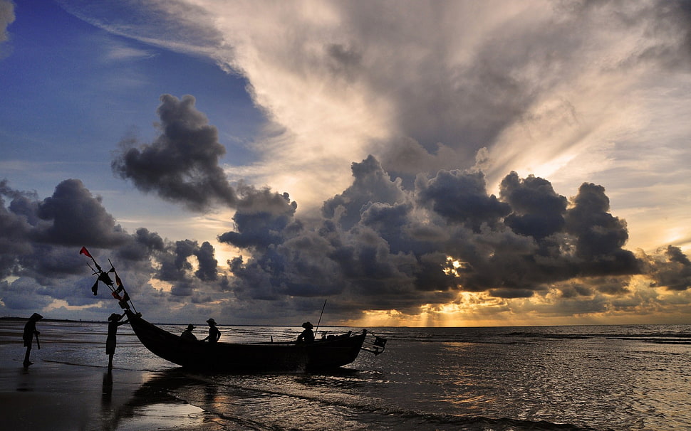 wooden canoe, nature, sunset, sky, clouds HD wallpaper