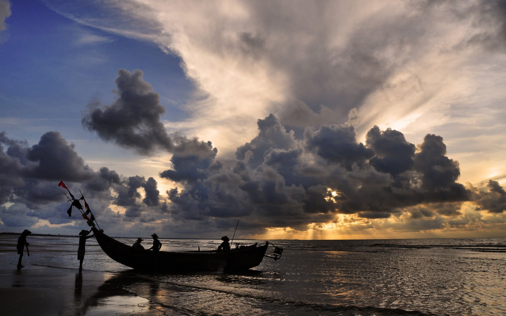 wooden canoe, nature, sunset, sky, clouds