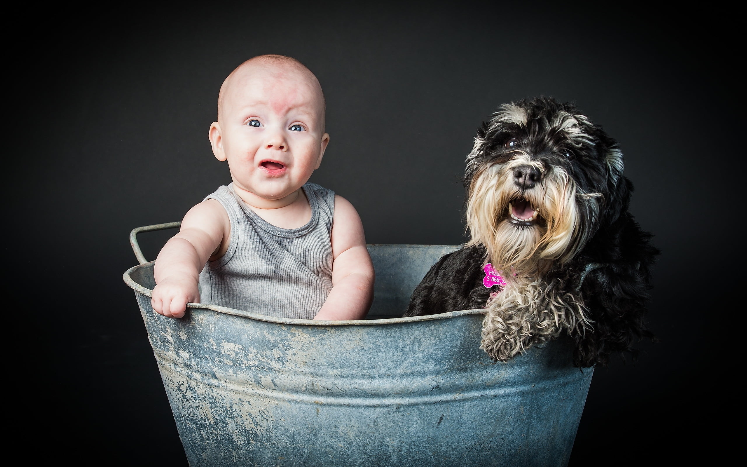 child with black dog on gray galvanized bucket