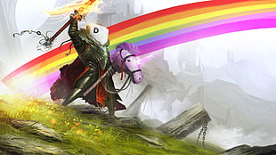 fictional character holding bobby horse beside rainbow, warrior, sword