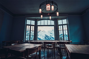 black wooden framed glass display cabinet, window, table, mountains, snowy peak HD wallpaper