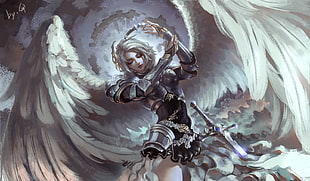 angel with sword illustration, fantasy art, angel, armor, wings